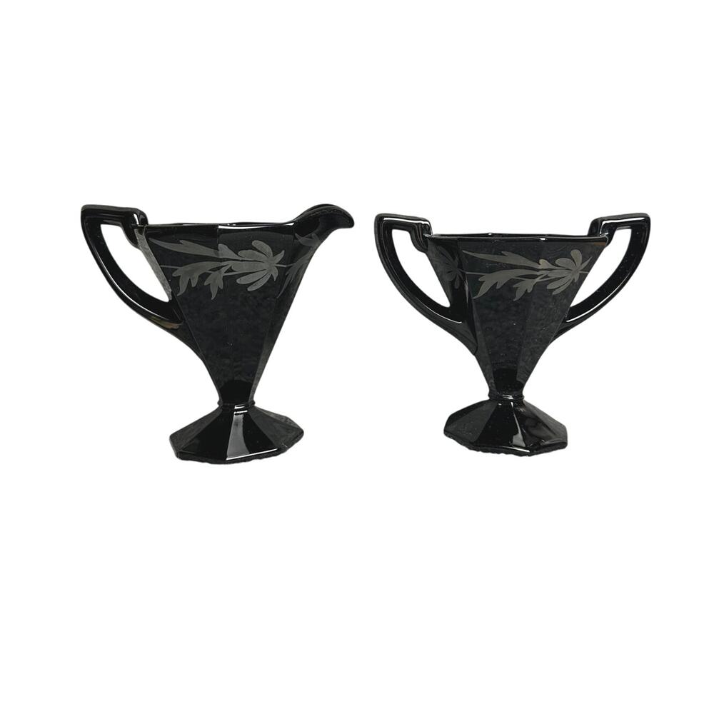 Art Deco 1940s black glass cream and sugar etched footed floral